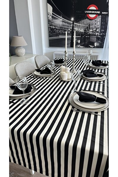 Decamor home Leke Tutmaz Sıvı Geçirmez Siyah Beyaz Çizgili Dertsiz Masa Örtüsü