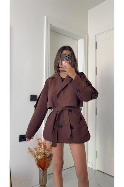 Solie Düğmeli Kruvaze Yaka Kuşaklı Kısa Trençkot