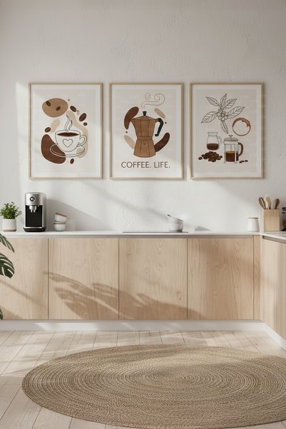 Tontilika Minimalist Kahve İllüstrasyonu 3’lü Ahşap Çerçeveli Tablo Seti