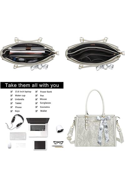 Mosiso Laptop Bag for Women, PU Leather Tote Bag, Front Embossed Retro Hibiscus Computer Bag with Si