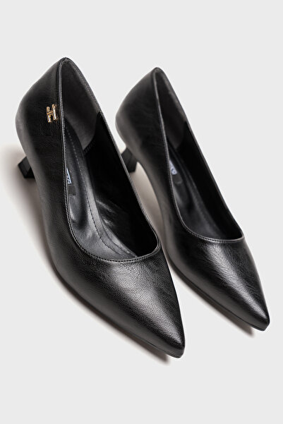 AleWomen Doss Siyah Cilt Deri 5cm Alçak Topuk Sivri Burun Sitiletto Rahat Haf...