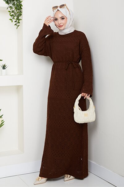 Bestenur Dantel Motifli Astarlı Triko Elbise 1601 - Acı Kahve