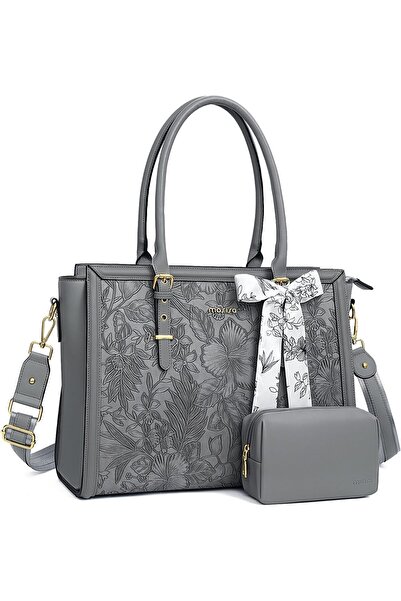 Mosiso Laptop Bag for Women, PU Leather Tote Bag, Front Embossed Retro Hibiscus Computer Bag with Si