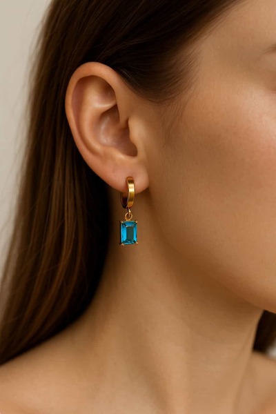 BY YASİN TOPÇU Çelik Mavi Kristal Taşlı Küpe