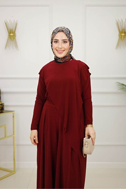 Valens Butik Asymmetrical Cut Tunic and Wide Leg Pants Two-Piece Nil Hijab Set
