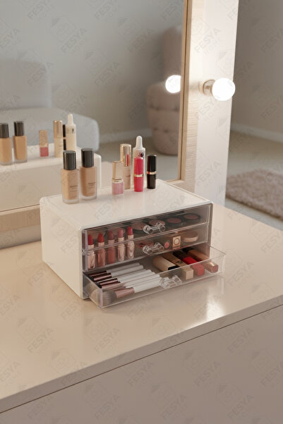 Fesya Home منظم مكياج أبيض من 3 طبقات من SEMA - صندوق تنظيم مستحضرات التجميل مع أدراج ومنظم للمجوهرات