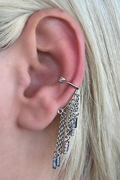 TAKIŞTIR Gümüş Renk Sallantılı Çelik Kulak Aksesuarı (Tek)