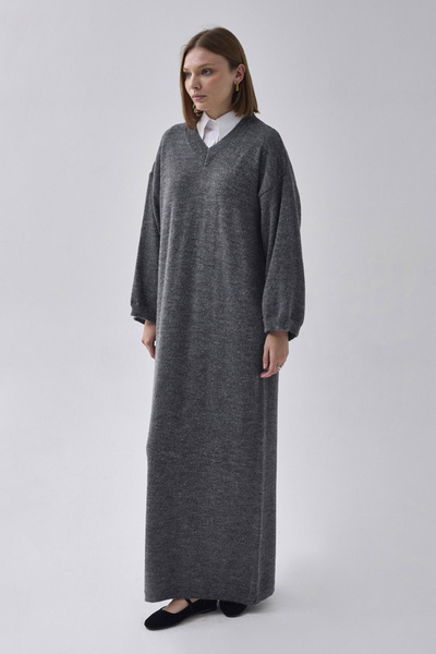 ZÜLAYS V Yaka Triko Elbise Antrasit