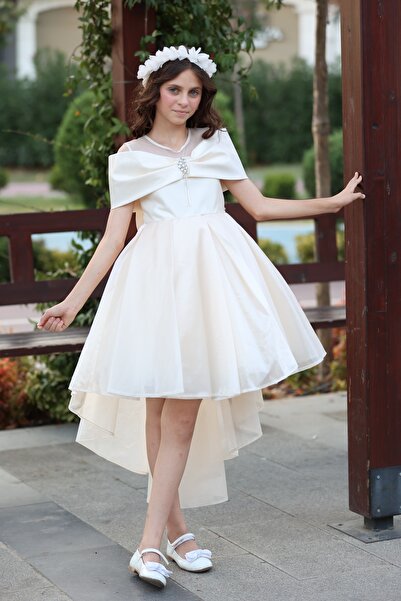 MİSS RAİN Short Front Long Back Madonna Collar Look Bow Stone Accessory Detail Girl's Evening Dress