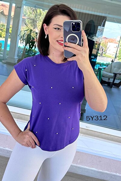 İnce Topuk Stone Embroidered Cotton Single Jersey Tshirt 5Y312