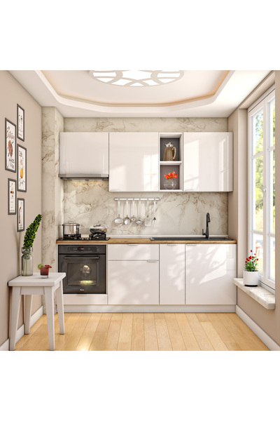 DEKOREX Elsa Serisi 210 Cm Beyaz Aspiratör Ve Fırın Modüllü Meşe Tezgahlı Haz...