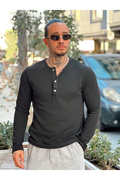 manch collection basic Hanorac din țesătură waffle cu închidere cu snap pentru guler tricou Negru