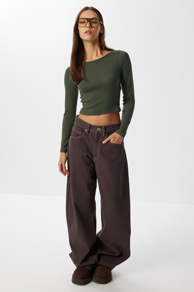 Lovelyİstanbul بلوزة مودال أساسية قصيرة LUB0247 كاكي