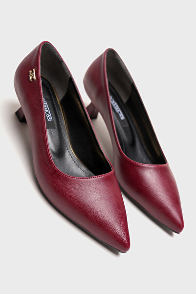AleWomen Bordo Deri 5 cm Alçak Topuk Doss Sivri Burun Stiletto Kadın Ayakkabı