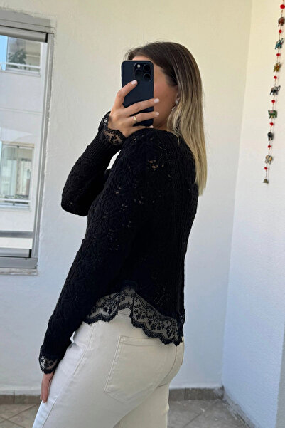 Kubos Moda Tül Detaylı Bisiklet Yaka Siyah Hırka