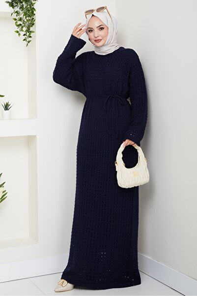 Bestenur Kemerli Dantel Detay Astarlı Triko Elbise 1602 - Lacivert