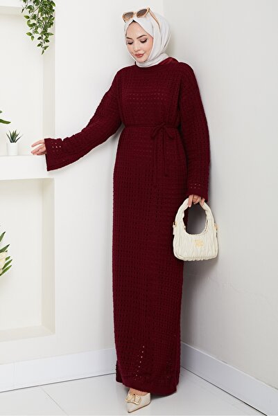 Bestenur Kemerli Dantel Detay Astarlı Triko Elbise 1602 - Bordo