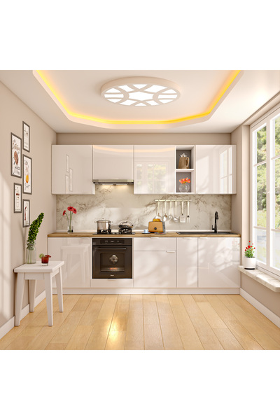 DEKOREX Elsa Serisi 270 Cm Beyaz Aspiratör Ve Fırın Modüllü Meşe Tezgahlı Hazır Mutfak Ls-270asp-mt