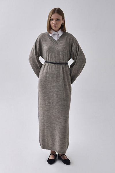 ZÜLAYS V Yaka Triko Elbise Toprak