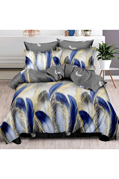 OEM Bed linen, 2 people, fine, 6 pieces, with elastic, gray, with blue feathe...