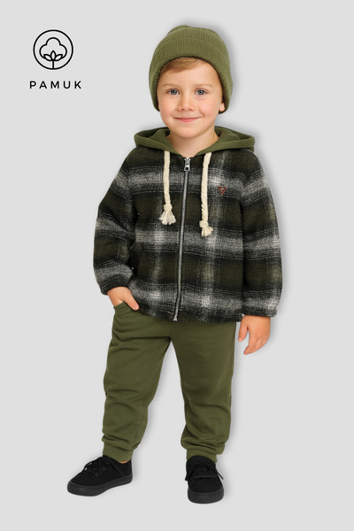 HK HOPKİDS Boys' Plaid Patterned Hooded Winter Top and Bottom Set