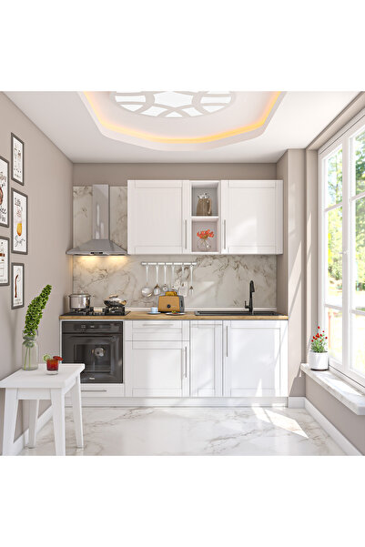 DEKOREX Pia Beyaz Serisi 210 Cm Beyaz Fırın Modüllü Meşe Tezgahlı Hazır Mutfa...