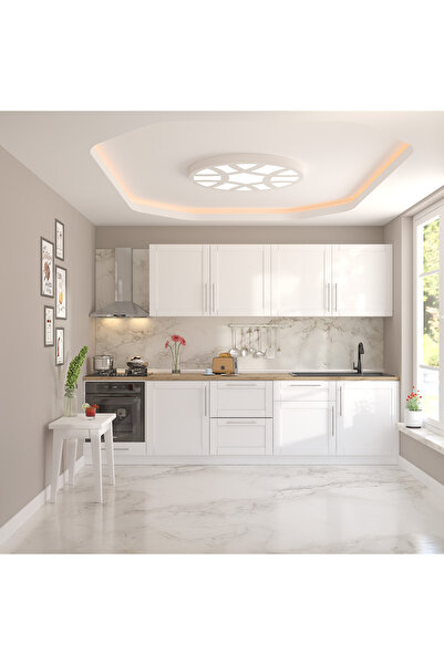 DEKOREX Pia Beyaz 300 Cm Beyaz Fırın Ve Çekmece Modüllü Meşe Tezgahlı Hazır Mutfak PB-300dav-c-mt