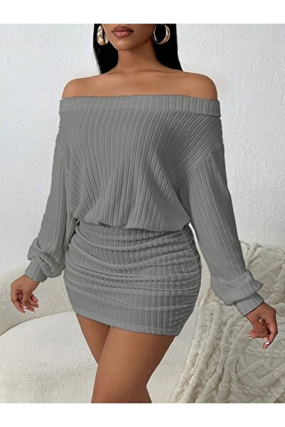 Sisa Butik Kadın Uzun Kollu Madonna Yaka Yanlardan Büzgülü şardonlu Kaşkorse Mini Elbise
