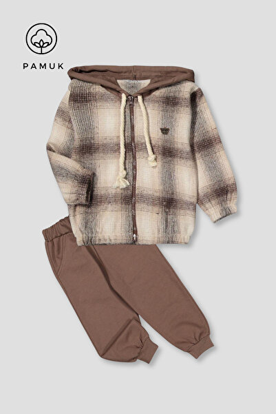 HK HOPKİDS Boys' Plaid Patterned Hooded Winter Top and Bottom Set