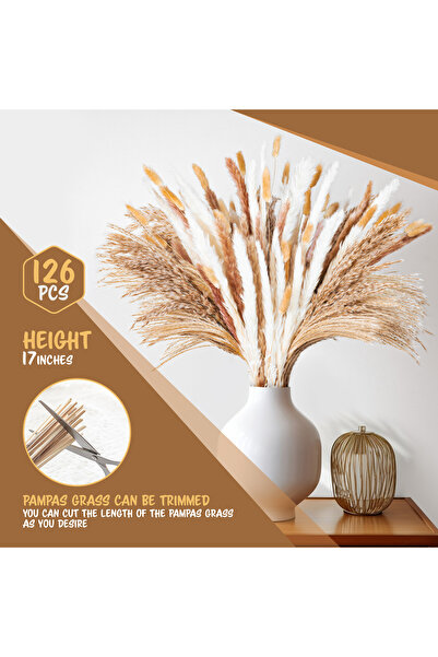Essentials 360 Pampas Grass 126 PCS, 5 Style 17" Natural Dried Flowers, Boho Decor,Floral Decoration