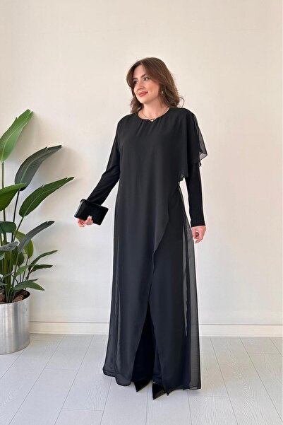 MaziButik Asymmetrical Detailed Chiffon Jumpsuit Black