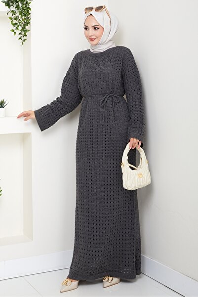 Bestenur Belted Lace Detail Lined Knitwear Dress 1602 - Anthracite