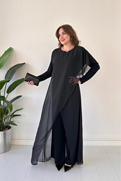 MaziButik Asymmetrical Detailed Chiffon Jumpsuit Black