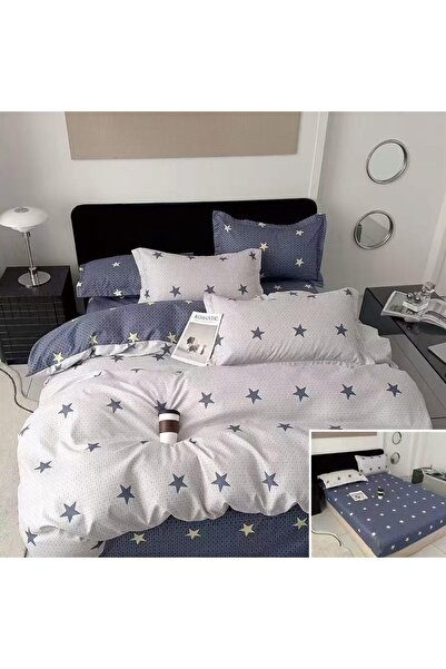 OEM Bed linen, 2 people, finet, 6 pieces, with elastic, gray and white, star ...