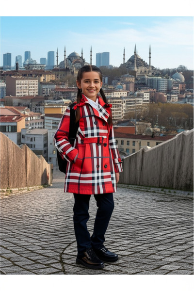 MCLKKİDS Kız çocuk kırmızı kareli trençkot