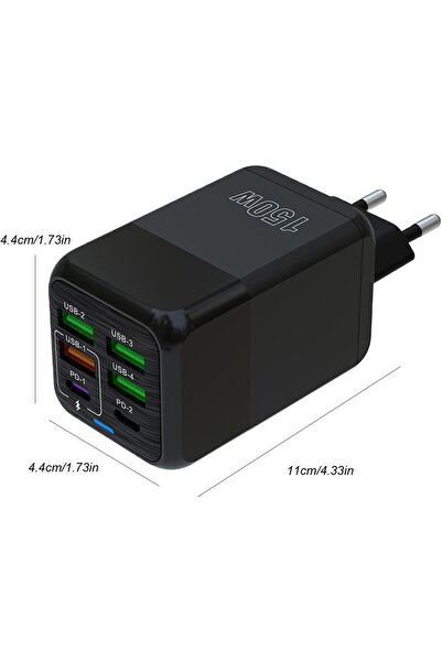 Flippy ® Multifunctional Charger, 6 Ports (2x PD Type-C + 4x USB), 150W, Fast Charge, Black