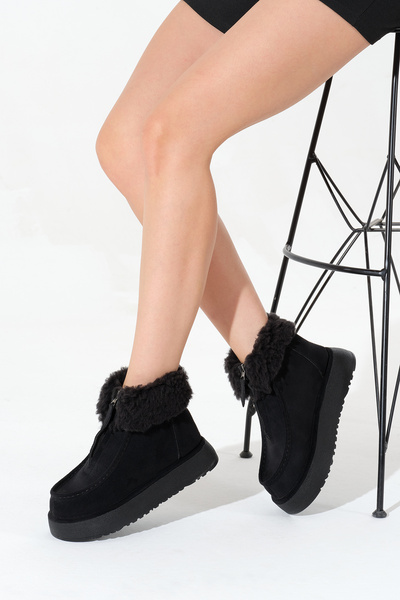 Tonny Black Kadın Siyah Kalın Taban Kürklü Önü Fermuarlı Süet Bot