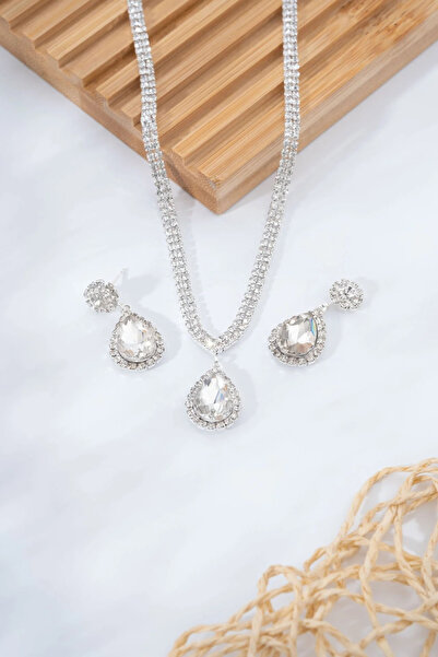 byozanyılmaz Drop Stone Design Necklace Earring Set
