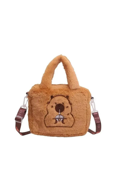 Mucha Sevimli Kapibara Peluş Omuz Çantası - Haki, Ayarlanabilir Askılı, Crossbody Çanta Fermuarlı