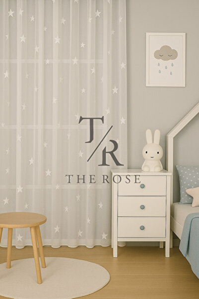 The Rose Beyaz Yıldızlı Tül Perde, Unısex Çocuk Odası, Sık Pile, Düz, Sade, Tül Perde, Kornişli, Beyaz