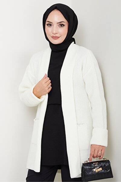 Bestenur Πλεκτό Ζακέτα με γιακά Enfil 1598 - Λευκό