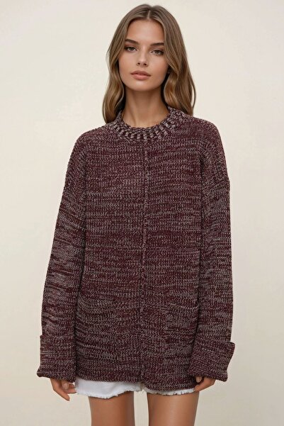 Hiccup Comfortable Cut Textured Long Knit Sweater with Pocket Detail
