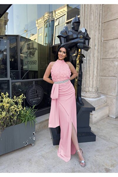 1Moda1Tarz Women's Imported Fabric Shawl and Stone Embroidery Detailed Rose Patterned Slit Lined Special Design Dress