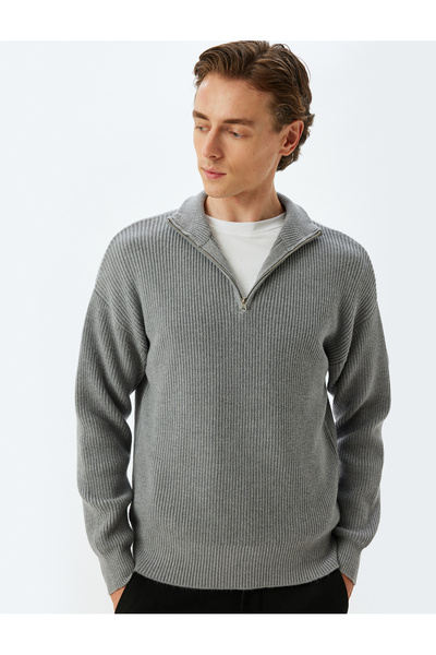 Koton Knitwear Sweater Half Zipper Basic Textured Viscose Blend