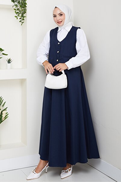Bestenur Double Gabardine Vest Skirt Set 1400 - Navy Blue