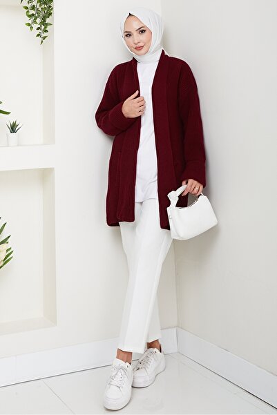 Bestenur Enfil Shawl Collar Knitwear Cardigan 1598 - Burgundy