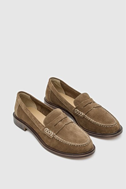 Lara Lofi Vizon rengi hakiki süet deri kadın loafer ayakkabı 7701