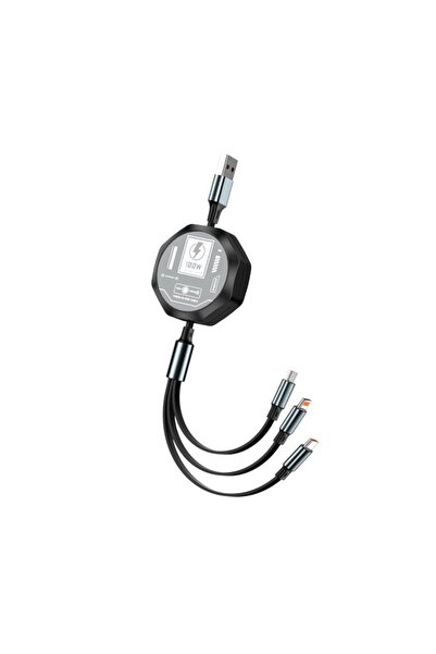 Universal Cablu retractabil de încărcare rapidă 3 în 1, Flippy, 100W, stil Mecha, 1,2 m, negru