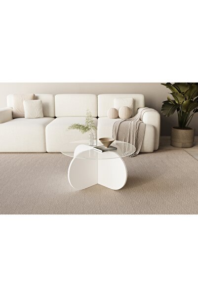 MONEayna Wibes Beyaz Desen Cam Orta Sehpa / Şeffaf Cam