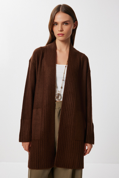 Lovelyİstanbul Dlouhý pletený kardigan s kapsami LZA0014 HNĚDÝ